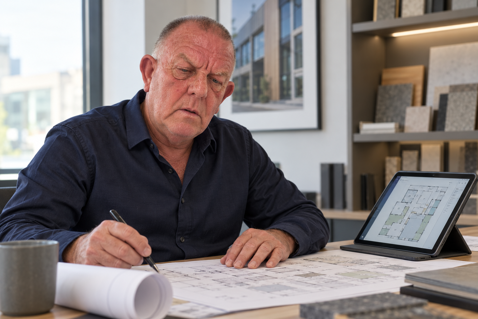 Kevin Sewell, Founder of Kaldreniq, reviewing building plans and digital facilities information