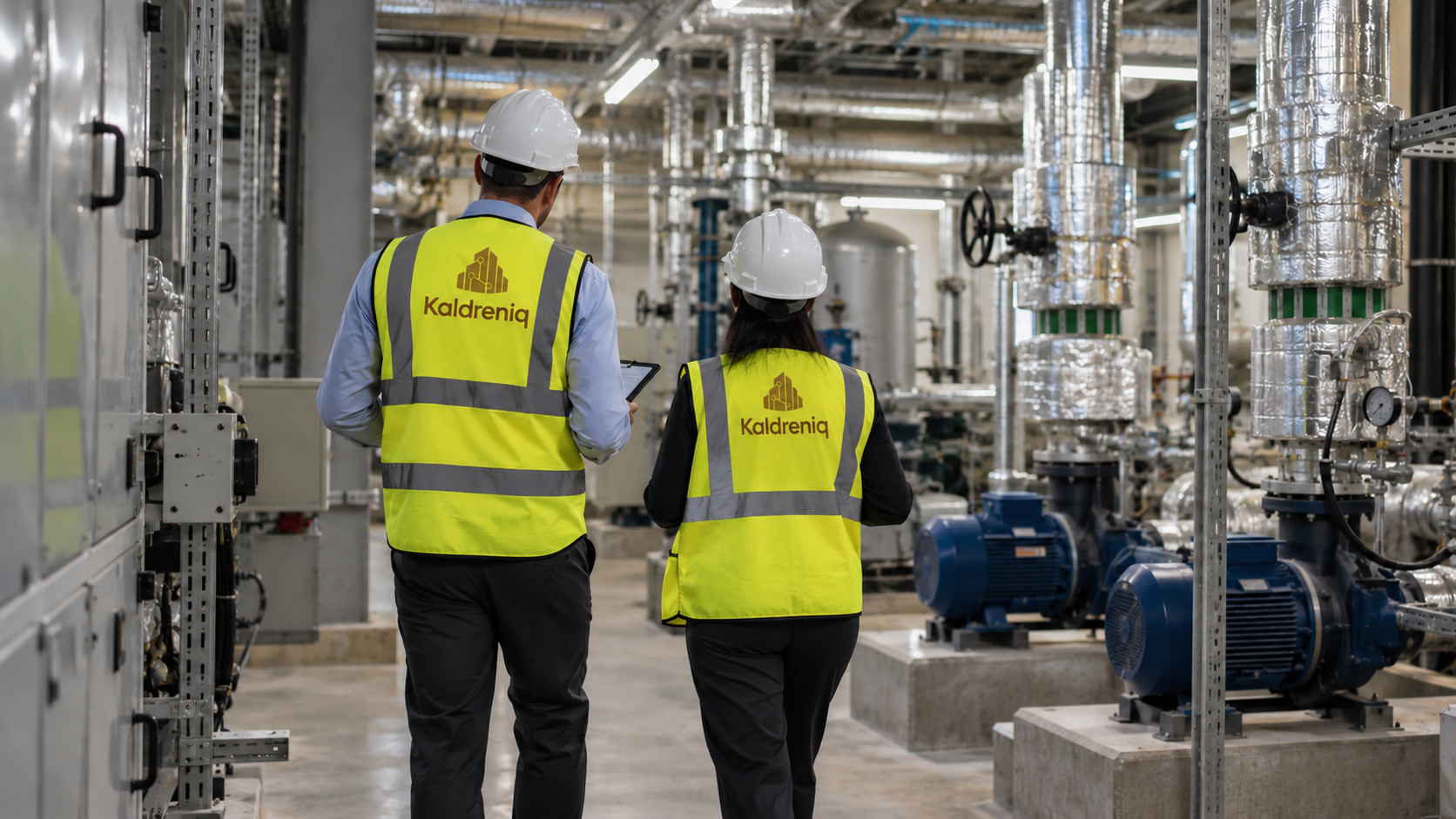 Two Kaldreniq facilities professionals seen from behind while surveying building-services equipment