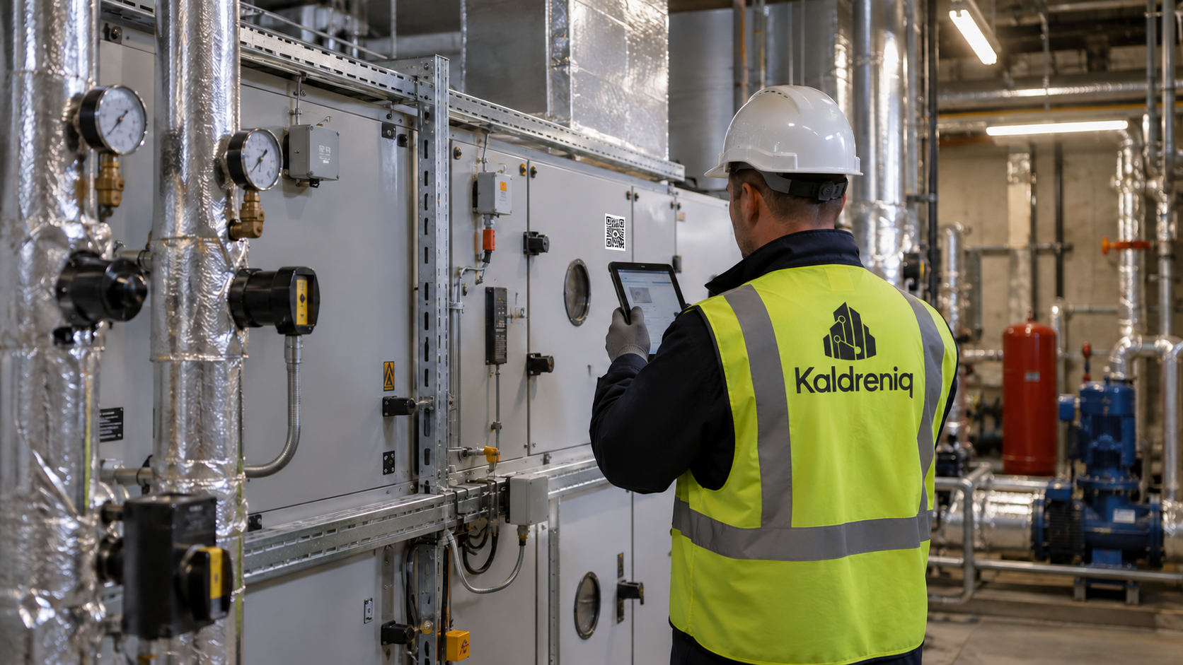Kaldreniq facilities surveyor viewed from behind verifying equipment with a tablet