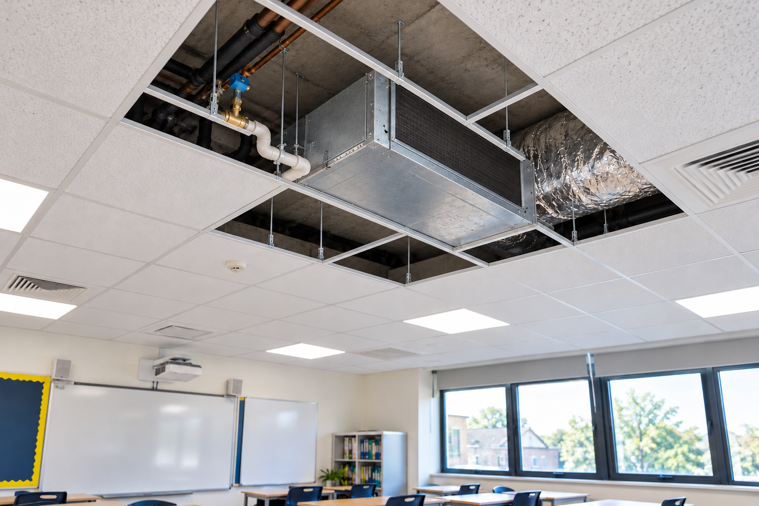 School classroom viewed upward toward an open suspended ceiling with its aligned grid and supports intact around a concealed fan coil unit