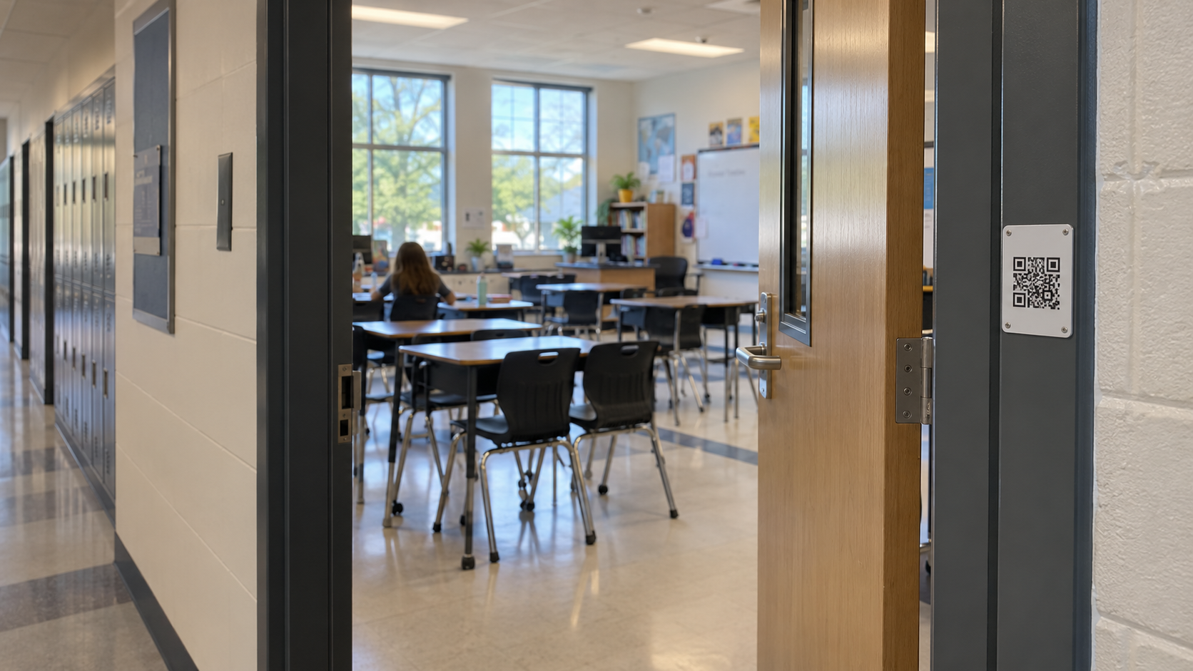 Open classroom door with a QR room-identification card mounted on the door frame